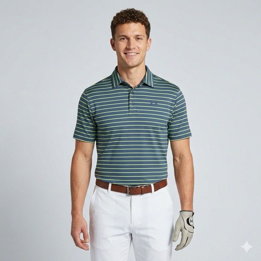 New Under Armour Mens Playoff Golf Polo Tour Stripe Blue Yellow NWT Small UPF40